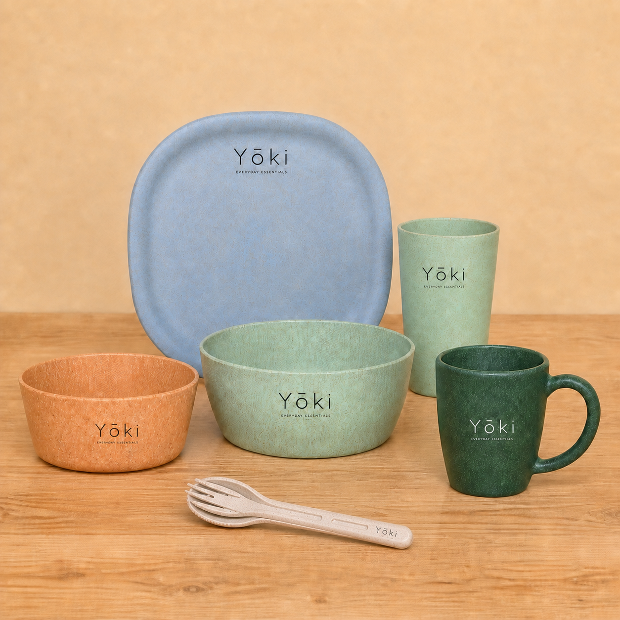 Nichijo Daily Essentials - Sora Plate: Square Dinner Plate 11 inch Sora, Small Cutlery 6 inch Kinu, Frosted Tumbler Wakaba, Veg Bowl 750 ml Wakaba, Classic Coffee Mug Matsu