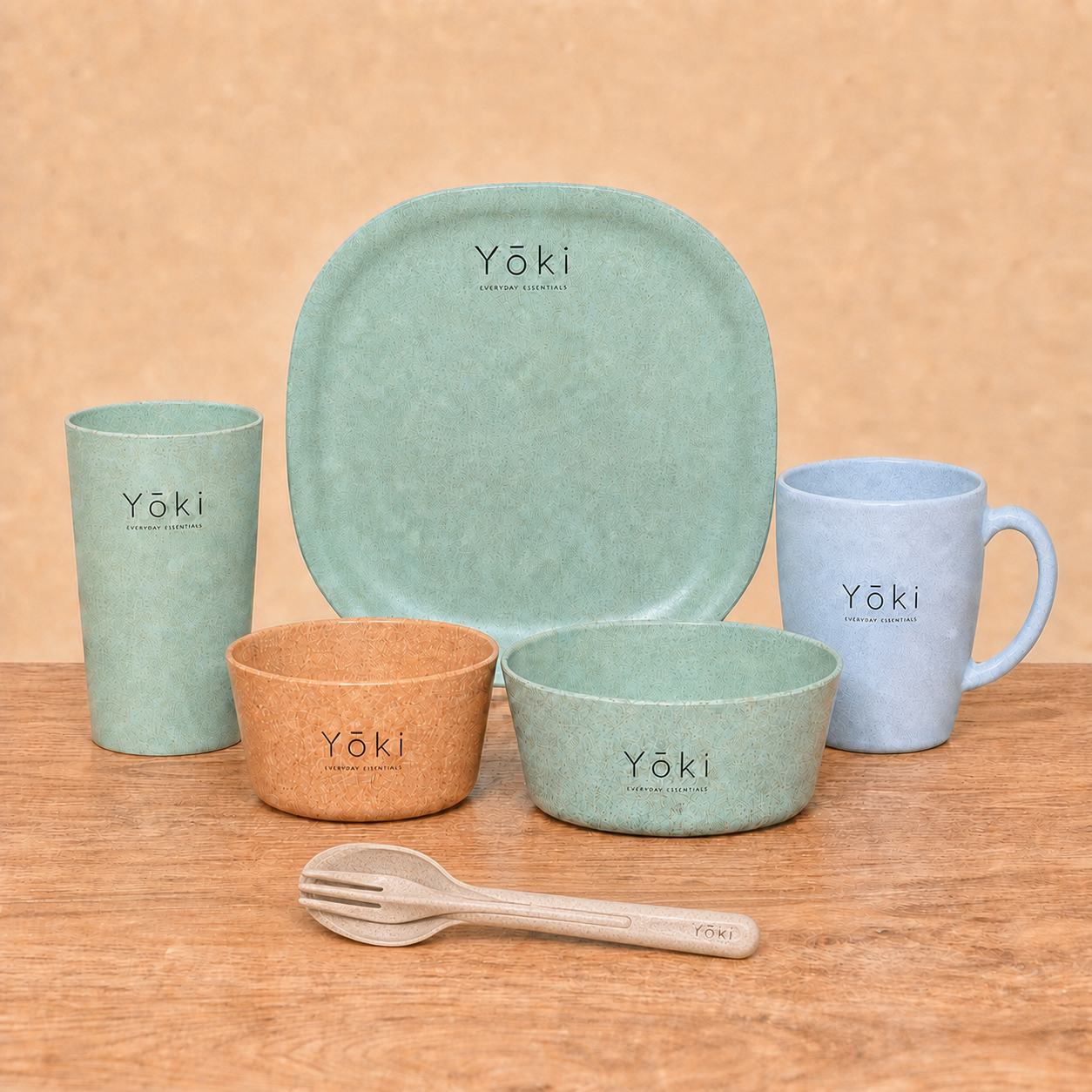 Nichijo Daily Essentials - Wakaba Plate: Square Dinner Plate 11 inch Wakaba, Small Cutlery 6 inch Kinu, Frosted Tumbler Wakaba, Veg Bowl 750 ml Wakaba, Classic Coffee Mug Sora