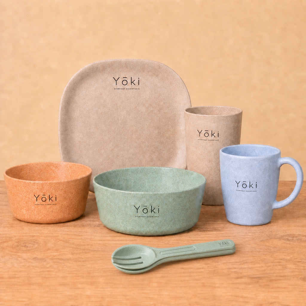 Nichijo Daily Essentials - Kinu Plate: Square Dinner Plate 11 inch Kinu, Small Cutlery 6 inch Wakaba, Frosted Tumbler Kinu, Veg Bowl 750 ml Wakaba, Classic Coffee Mug Sora
