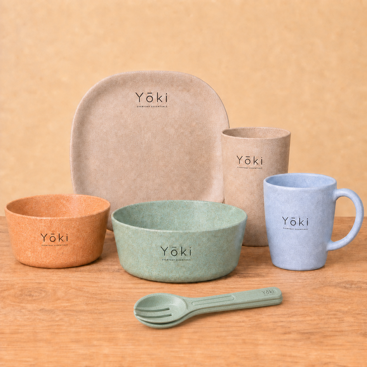 Nichijo Daily Essentials - Kinu Plate: Square Dinner Plate 11 inch Kinu, Small Cutlery 6 inch Wakaba, Frosted Tumbler Kinu, Veg Bowl 750 ml Wakaba, Classic Coffee Mug Sora