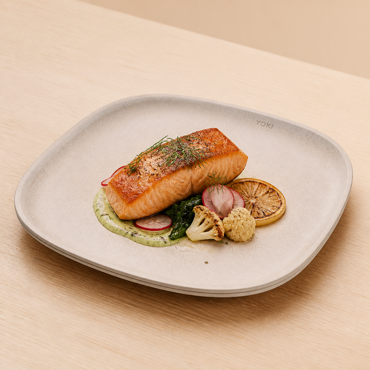 Kakuzara Dinner Plate 11″ - Kinu, in use