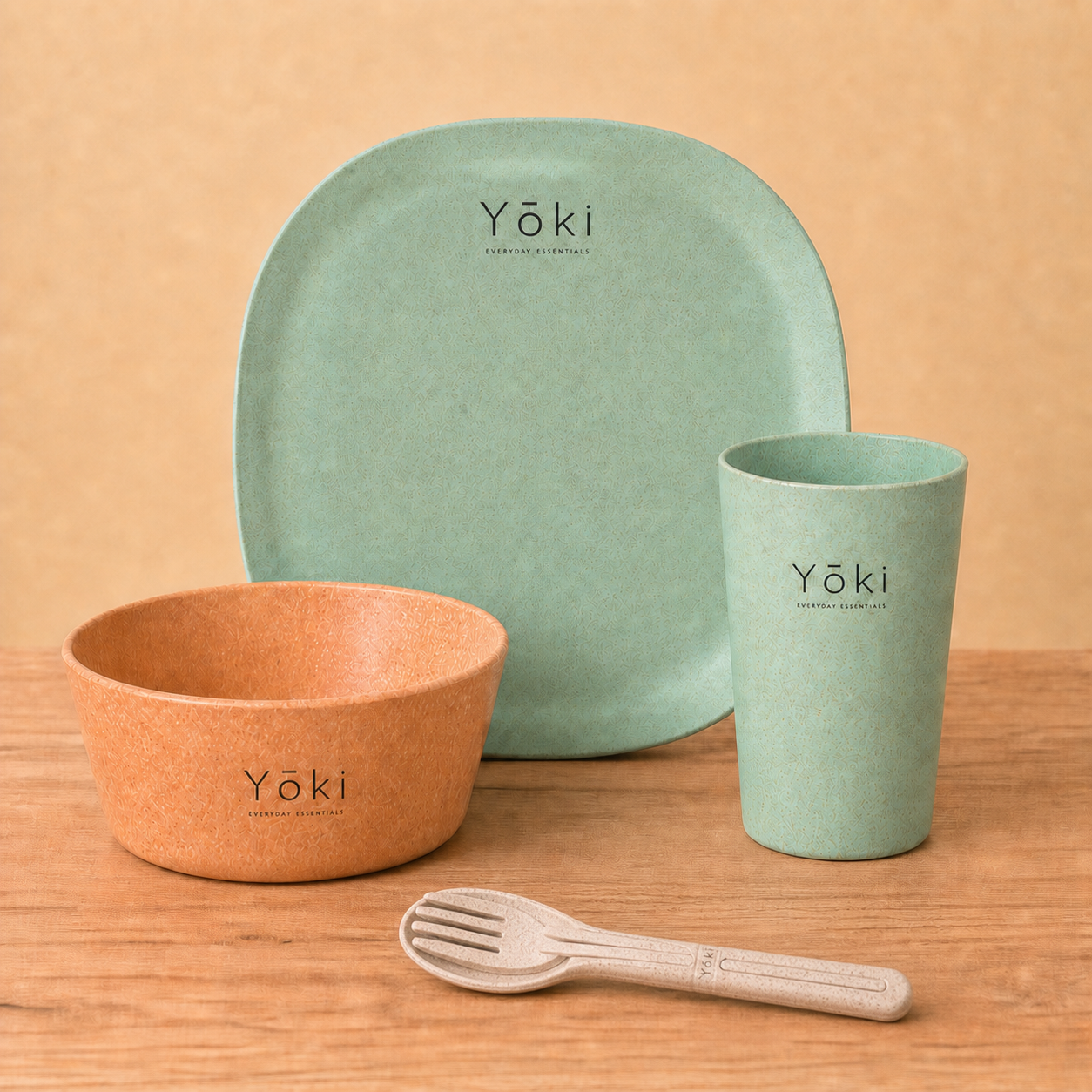 Zen Dinner Essentials - Wakaba Plate: Curry Bowl, Square Dinner Plate 11 inch Wakaba, Small Cutlery 6 inch Kinu, Frosted Tumbler Wakaba